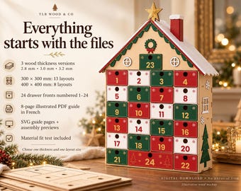 Casa de calendario de Adviento SVG, 24 cajones, archivos de corte láser navideños, cuenta regresiva de madera para armar, 2.8 mm, 3 mm, 3.2 mm, guía de montaje en PDF