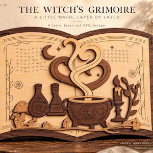 May include: A six-layer laser-cut wood art piece titled The Witch's Grimoire, featuring a book design with a cauldron, steam, potion bottles, a candle, and mushrooms. The text reads The Witch's Grimoire, A Little Magic, Layer by Layer.