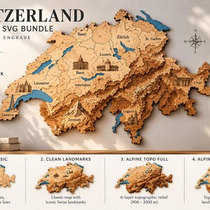 May include: A multi-layered wooden map of Switzerland featuring laser-cut topography, blue lakes, and engraved city names like Zurich and Bern. The display includes four distinct design variations, landmark icons, and the text Switzerland Premium SVG Bundle.