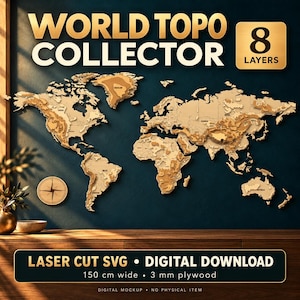 Può includere: Una mappa del mondo da parete in legno multistrato intitolata WORLD TOPO COLLECTOR con 8 strati. La mappa presenta dettagli topografici, una rosa dei venti e testo che indica un download digitale SVG, 150 cm di larghezza, 3 mm.