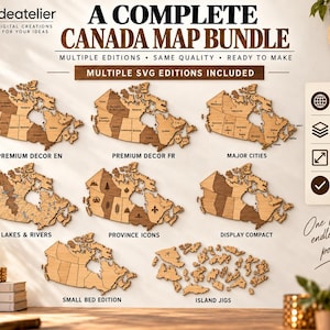 Może przedstawiać: Cyfrowy pakiet projektów map Kanady zawierający różne edycje SVG, takie jak Premium Decor, Major Cities, Lakes & Rivers, Province Icons, Display Compact, Small Bed Edition i Island Jigs, z etykietami tekstowymi dla każdego stylu.