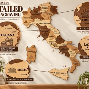 Puede incluir: Un mapa de pared de madera de Italia en varios tonos con fronteras regionales, nombres de ciudades y monumentos arquitectónicos grabados con láser. Incluye recuadros circulares que destacan regiones como Lombardía, Toscana, Lacio y Sicilia.