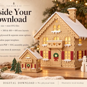 Pode incluir: Um download digital para um projeto de casa de madeira cortada a laser. A imagem exibe modelos de casas de madeira, grande e pequena, com persianas vermelhas, detalhes de neve branca e iluminação interna, ao lado de recortes planos de madeira de árvores e um boneco de neve.