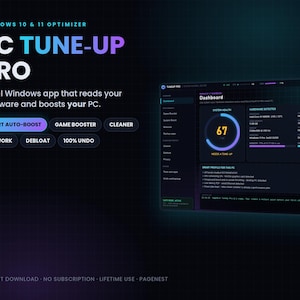 Può includere: Software PC Tune-Up Pro per Windows 10 e 11 con interfaccia scura e accenti blu e viola neon. La dashboard mostra lo stato del sistema, il rilevamento dell'hardware e strumenti di ottimizzazione come Smart Auto-Boost e Game Booster.