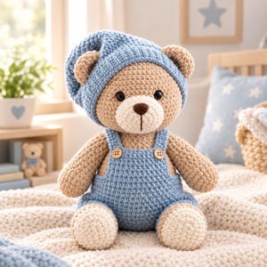 Könnte beinhalten: Ein gehäkelter Teddybär aus hellbraunem Garn, der eine blaue gerippte Schlafmütze und eine blaue Latzhose mit zwei kleinen Holzknöpfen trägt. Der Bär hat eine cremefarbene Schnauze, eine dunkelbraune gestickte Nase und schwarze Sicherheitsaugen.