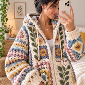 Virkad mormors fyrkantig huvkoftamönster, blommig boho huvtröja PDF, pastellfärgad lapptäckejacka, nybörjarvänlig digital nedladdning