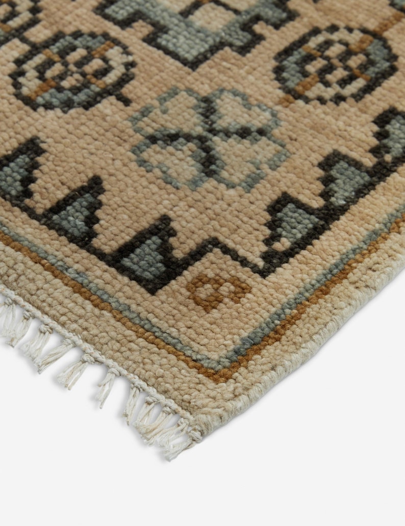 Hand Knotted Wool Rug, Vintage Beige Blue Tribal Carpet, Geometric ...
