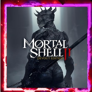 May include: A dark, armored figure wearing a spiked helmet and textured black suit, holding a long staff. The text MORTAL SHELL II DEVOUT EDITION is centered in white and red. The image is framed by a glowing, vibrant pink and purple border.
