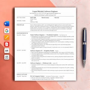 May include: A white resume document for Logan Mitchell, a software engineer, featuring sections for profile, experience, and education. A dark blue and silver ballpoint pen is positioned to the right of the document on a peach background.