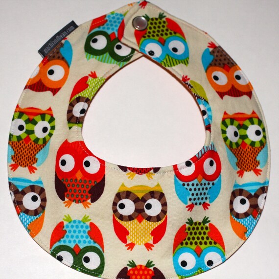Items similar to Baby Drool Bib, Waterproof and Reversible, Bright Owls by Alice Kennedy backed