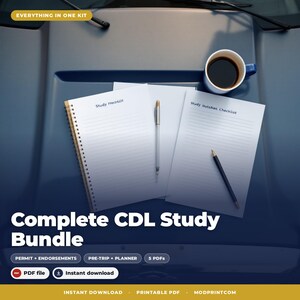 May include: A CDL study bundle kit featuring a spiral-bound notebook with Study Checklist text, a separate Study Notebook Checklist page, two pens, and a white mug of black coffee. The text reads Everything in one kit and Complete CDL Study Bundle.