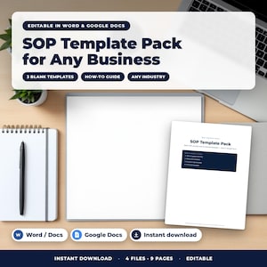 Könnte beinhalten: Ein SOP-Vorlagenpaket für Unternehmen mit einem weißen Dokument und dunkelblauem Text, inklusive einer Anleitung und drei leeren Vorlagen. Der Text lautet SOP Template Pack for Any Business und ist in Word und Google Docs bearbeitbar.