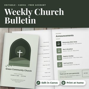 May include: An editable weekly church bulletin template featuring a dark green header with white text. The design includes a light green cover with an arched window graphic, a white cross, and the text Grace Community Church. The interior lists announcements.
