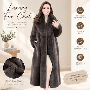 May include: A long, dark brown faux fur coat featuring a wide, plush collar and long sleeves. The text on the image reads Luxury Fur Coat, Timeless Elegance For Every Season, Premium Quality Fur, Warm & Cozy, Soft & Comfortable, Stylish & Timeless, Real Fur Feel, Ultra Soft & Luxurious, and Perfect For Casual & Formal Wear.