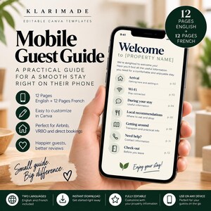 Peut inclure: Un modèle de guide d'accueil mobile numérique pour Canva comprenant 12 pages en anglais et 12 pages en français. L'écran affiche un message de bienvenue, un espace pour le nom de la propriété et des sections comme arrivée et départ.