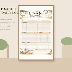 Può includere: Un foglio stampabile per il registro giornaliero del bambino Little Safari con sezioni per poppate, sonno, pannolini e cura. Il design include illustrazioni di alberi, erba e un cucciolo di elefante, con intestazioni per il monitoraggio.