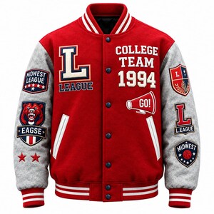 May include: A red and grey varsity jacket featuring white striped ribbed cuffs, collar, and hem. The front displays the text COLLEGE TEAM 1994, a megaphone graphic with the word GO!, and an L patch. Sleeves feature various sports-themed patches.