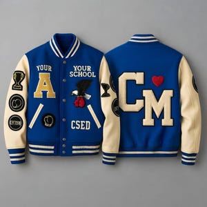 Pode incluir: Uma jaqueta varsity azul e creme com um design frontal que inclui o texto YOUR SCHOOL, CSED, uma letra A dourada e uma águia. A parte de trás exibe grandes letras CM em creme com um coração vermelho e vários emblemas circulares.