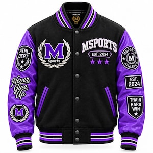 May include: A black and purple varsity jacket featuring a front button closure, striped ribbed collar and cuffs, and various embroidered patches including the text MEECHY, M SPORTS, ATHL. DEPT., NEVER GIVE UP, EST. 2024, and TRAIN HARD WIN.