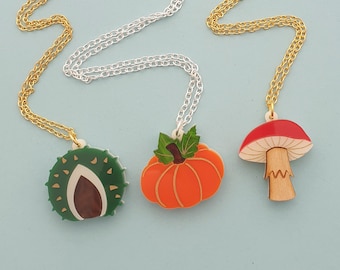 Mini Autumn Charm Necklace - laser cut acrylic - conker pumpkin or toadstool