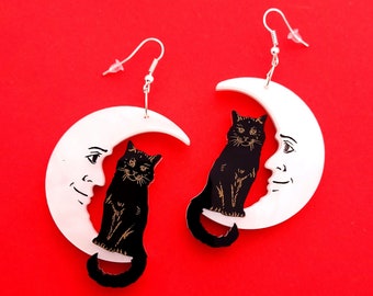 Cat & moon earrings - laser cut acrylic - UK seller