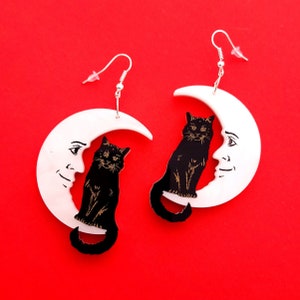 Cat & moon earrings - laser cut acrylic - UK seller