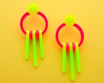 Neon pink & green earrings - laser cut acrylic - UK seller