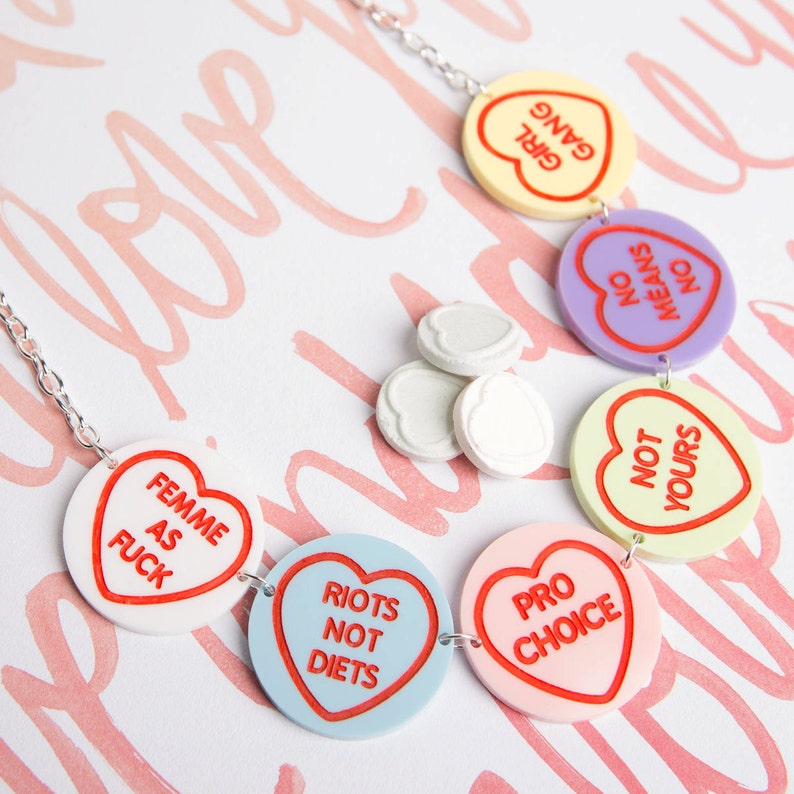 Feminist Love Hearts necklace laser cut acrylic image 2