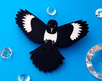 Magpie bird brooch - laser cut acrylic