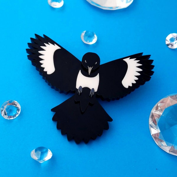 Magpie bird brooch - laser cut acrylic