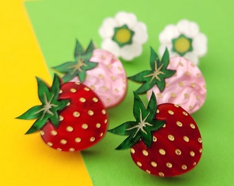 Strawberry Stud earrings - laser cut acrylic - UK seller