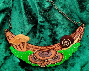 Snail and Mushroom Statement necklace - laser cut acrylic and wood - UK seller