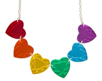 Gemstone Hearts necklace - laser cut rainbow mirror acrylic