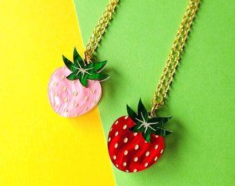 Mini Strawberry Charm Necklace - laser cut acrylic - UK seller