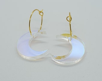 Iridescent Moon hoop earrings - laser cut acrylic - UK seller