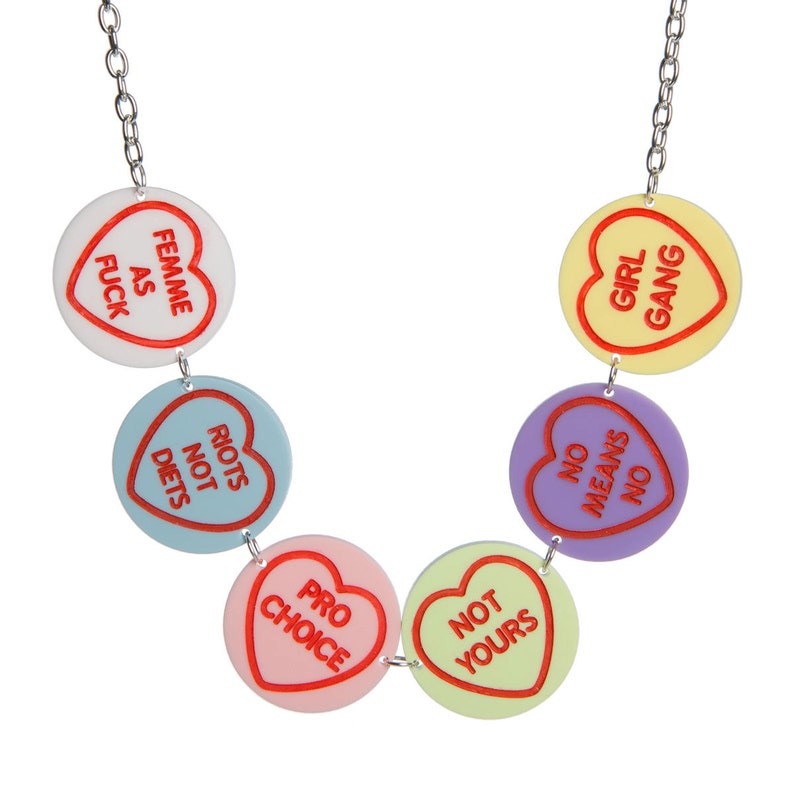 Feminist Love Hearts necklace laser cut acrylic image 1