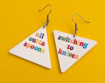 Pendientes All Outta Spoons - acrílico cortado con láser - colección de salud mental - vendedor del Reino Unido