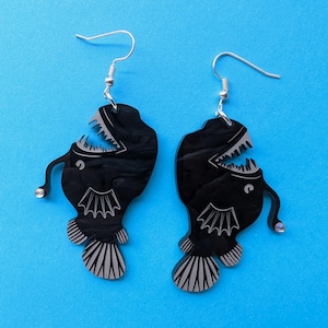 Black Anglerfish earrings - laser cut acrylic - UK seller