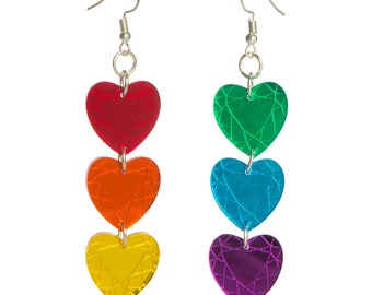 Gemstone Heart earrings - laser cut rainbow mirror acrylic