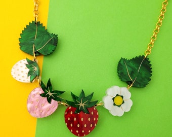 Strawberry Statement Necklace - laser cut acrylic - UK seller