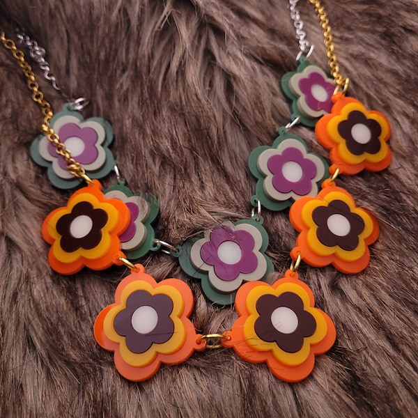 Collier de déclaration de fleurs rétro - acrylique découpé au laser - vendeur au Royaume-Uni