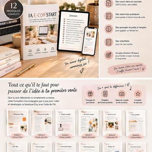 Op de afbeelding: Een educatieve infographic getiteld IA E-COM START met een boek, tablet en smartphone die e-commerce cursusinhoud weergeven. Het bevat lijsten met 12 modules, checklists en actieplannen voor het starten van een online winkel met kunstmatige intelligentie.