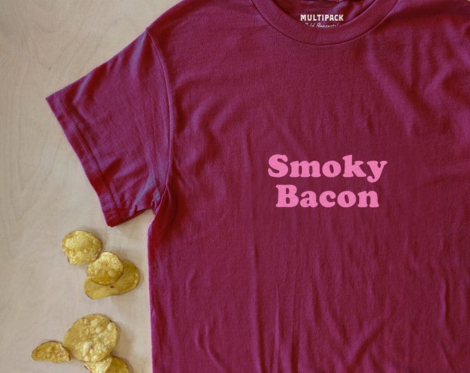 Smoky Bacon crisp flavour burgundy pink unisex t-shirt