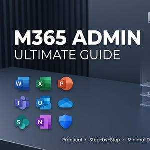 Puede incluir: Una guía digital titulada M365 ADMIN ULTIMATE GUIDE 2027 EDITION. Presenta un icono hexagonal azul y morado sobre tres capas transparentes etiquetadas como 1. SECURITY, 2. COLLABORATION y 3. DEVICES. Se muestran nueve iconos de aplicaciones de software.