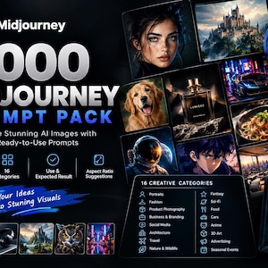 May include: A digital product advertisement for a 1,000 Midjourney Prompt Pack. The graphic features the text 1,000 Midjourney Prompt Pack, 16 creative categories, and various AI-generated images including portraits, landscapes, and food.