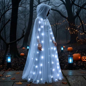 May include: A floor-length white hooded cloak made of sheer, layered fabric featuring integrated bright white LED lights distributed across the surface. The garment includes a front tie closure at the neck and a full, flowing silhouette.