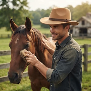 Puede incluir: Un sombrero fedora de color canela con una banda de cuero marrón y hebilla, usado con una camisa de mezclilla oscura. El sombrero presenta una copa estructurada y un ala ancha, ofreciendo un estilo clásico al cepillar un caballo marrón.