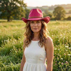 May include: A bright pink fedora hat with a tan leather band around the crown. The hat features a pinched crown and a wide, slightly curved brim. The design is simple and solid in colour, providing a clear view of the hat's structure and texture.