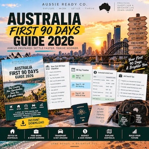 Puede incluir: Una guía digital titulada Australia First 90 Days Guide 2026 que incluye una lista de verificación, un cronograma y estimaciones de costos. La imagen contiene un pasaporte australiano, un cuaderno, un bolígrafo y una taza con la inscripción More Journeys A Brighter You.