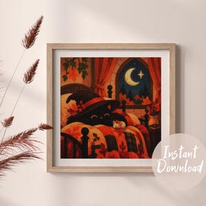 Cat Cross Stitch Pattern, Sleeping Black Cat in Witch Hat with Tiny Mouse, Cozy Autumn Moon Window, Halloween Embroidery Chart